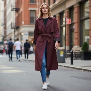 Misty Harbor Signature‎ Burgundy Trench Coat Belted Hooded Maxi Women's 10P